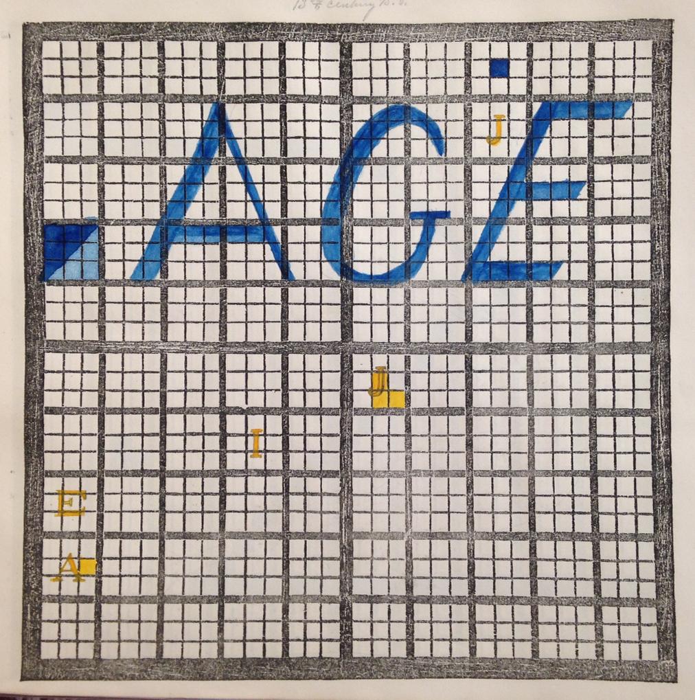 A student chart from The Polish-American System of Chronology The seventh of eight examples of student charts. Eight event squares, distributed across the chart, are shaded yellow. The letters “A” “G” and “E” are written across the upper half of the grid in blue. When placed after the previous two charts, it spells: “heroic age.”