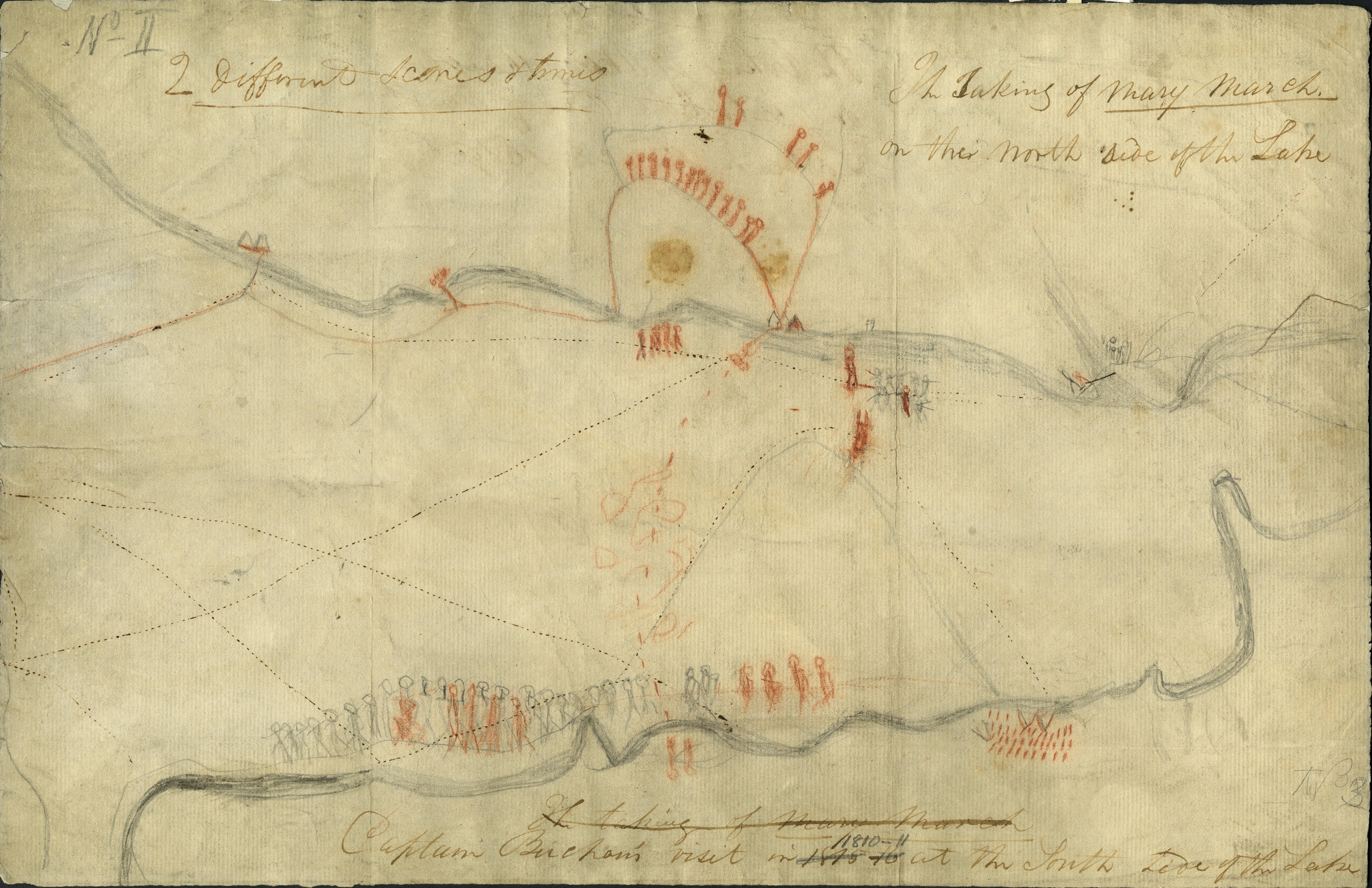 Sketch II A sparsely illustrated sketch of the Beothuk’s encounters with the British. Two grayscale thick lines curve across the page horizontally, one near the top and another near the bottom, which represent the borders of the lake. Red and black minimalistic figures are drawn scattered both in groups and in isolation to represent the British (those drawn in black) and the Beothuk (those drawn in red). Several black dotted paths cross and stretch across the lake’s surface area. From the top of the page to the bottom of the lake, a solid, curving red line cascades and severs into multiple lines until breaking into small fragments as the dotted black lines draw nearer. Notably, a long line of black figures rest atop the bottom curve of the lake with a few red figures, indicating the Beothuk’s capture. Near the top center of the sheet, a red line curves above the lake and red figures are stationed around it. Other minimal red and grayscale markings depicting Beothuk or British movement are dispersed across the page. The illustrated map is bordered by three large annotations, written by Cormack and edited by Howley. In the top left, he writes, “2 different scenes + times”; in the top right, he writes, “The Taking of Mary March on the North side of the Lake”; the final annotation at the bottom of the page reads, “Captain Buchan’s visit in 1810-11 at the South side of the lake.”